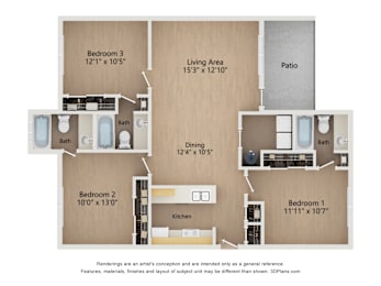 C1 3X3 Floor Plan, 1,143 SQFT