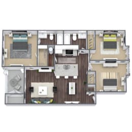 B2 Floor Plan, 3-Bed, 2-Bath, 1,008 SQFT.