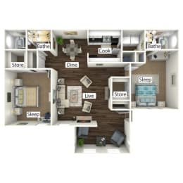 Cottage 3D Floor Plan with Sunroom
