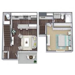 A top down view of a living room and kitchen area.