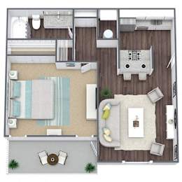 A top-down view of a living room with a couch, coffee table, and television.