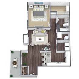 A floor plan of a house with a kitchen, living room, and two bedrooms.