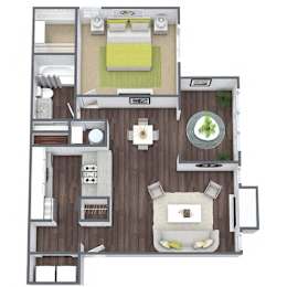 A floor plan of a house with a living room, dining room, kitchen, and two bedrooms.