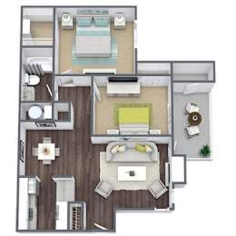 A top-down view of a house layout with a living room, kitchen, and two bedrooms.