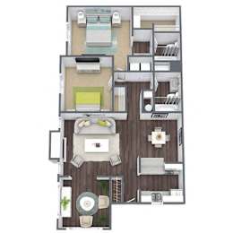 A floor plan of a house with a kitchen, living room, dining room, and bathroom.