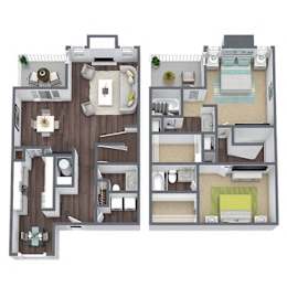 A floor plan of a two-bedroom apartment with a living room, kitchen, and bathroom.