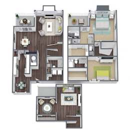 A detailed 3D floor plan of a multi-level residential property.