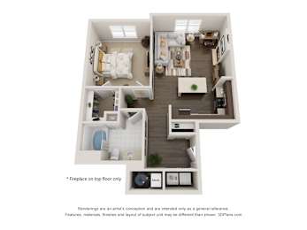 A 3D floor plan of a house with a living room, kitchen, and two bedrooms.