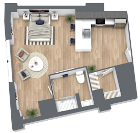 a 3d rendering of a floor plan of a home with wood floors and a