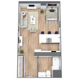 A top-down view of a small apartment with a bed, couch, and kitchen area.