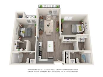 A 3D rendered image of a modern apartment layout.