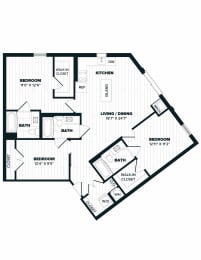 E1 Floor Plan, 1,230 SQFT. floor plan of the first floor with bedroom and living room