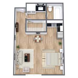 A top-down view of a modern apartment layout with a kitchen, living room, and open bedroom.
