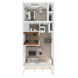A 3D rendered image of a small apartment layout.