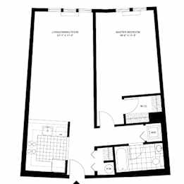 A black and white image of a floor plan for a living and dining room and a master bedroom.