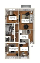 A diagram shows the layout of a small apartment with a living room, kitchen, and three bedrooms.