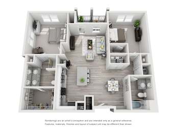 A 3D rendered image of a modern house layout.