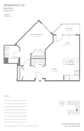 One bedroom floor plan with balcony layout at Pier Village Apartments, Long Branch, NJ 7740