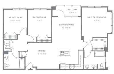 Three bedroom apartment floor plan with balcony at Pier Village Apartments, Long Branch, New Jersey