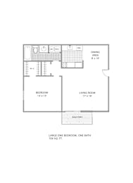 A floor plan of a house with a balcony and a large one bedroom, one bath.