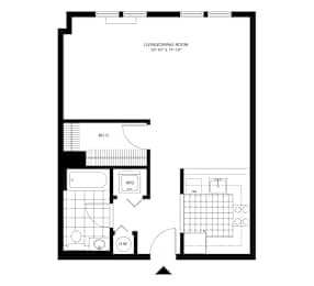 Studio floor plan with kitchen and bathroom at Pier Village Apartments, Long Branch, New Jersey