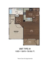 A1 ADA Apartment 726 Sq.Ft. Floor plan, one bedroom, one bathroom