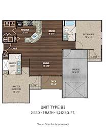 A floor plan of a 2 bedroom, 2 bathroom apartment.