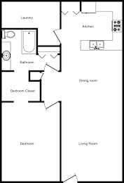 A floor plan of a small apartment with a bedroom, living room, dining room, kitchen, bathroom, and laundry area.