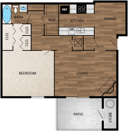 Our 750 square foot one bedroom floor plan
