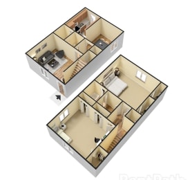 3D Floor plan, 2 bedrooms, 1.5 bathrooms