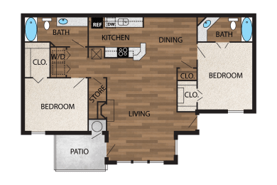 floor plan image of 1144sf 2 bedroom 2 bath upgraded with wood like plank flooring
