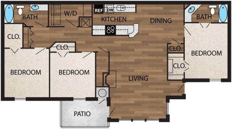 Our 1,380 square foot three bedroom floor plan