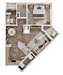 A top-down view of a well-organized apartment with a kitchen, living room, and bedroom.