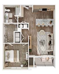 A top-down view of a small apartment with a kitchen, living room, and bathroom.