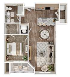 A top-down view of a small apartment with a kitchen, living room, and bathroom.