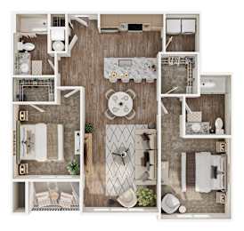 A top-down view of a small apartment layout with a kitchen, living room, and bathroom.