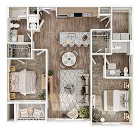A top-down view of a well-organized, modern kitchen and living room.