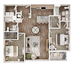 A top-down view of a small apartment layout with a kitchen, living room, and bathroom.