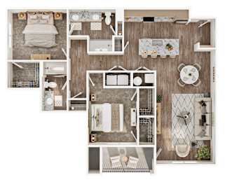 A top-down view of a house layout with multiple rooms and furniture.