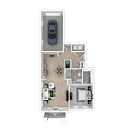 A floor plan of a house with a garage and a car.