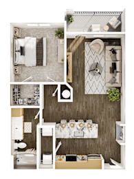 A top-down view of a small apartment with a kitchen, living room, and bathroom.