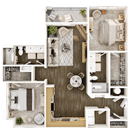 A top-down view of a modern, minimalist apartment layout.