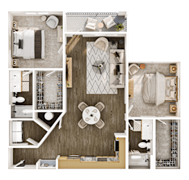 A top-down view of a small apartment layout with a kitchen, living room, and bathroom.