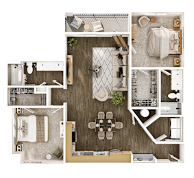 A floor plan of a house with a kitchen, living room, dining room, and bathroom.
