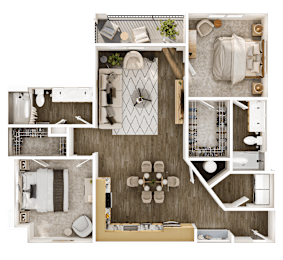 A top-down view of a house layout with a kitchen, living room, and bathroom.