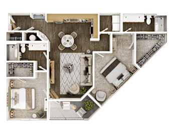 A top-down view of a house layout with a kitchen, living room, and bathroom.
