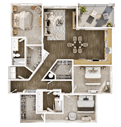 A top-down view of a house layout with a kitchen, living room, and bathrooms.