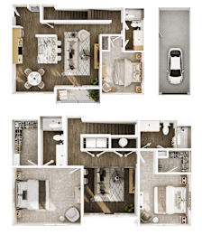 A set of four floor plans for a house with a car parked outside.