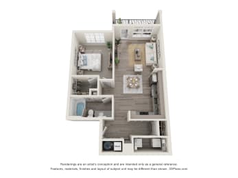 a stylized floor plan of a 1 bedroom floor plan