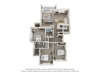a stylized floor plan of a 3 bedroom apartment
